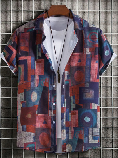 Men's Geometric Short Sleeve Button Down Shirt - Tigbul's Variety Fashion Shop