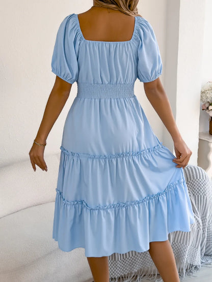 Square Neck Short Puff Sleeve Dress - Tigbul's Variety Fashion Shop