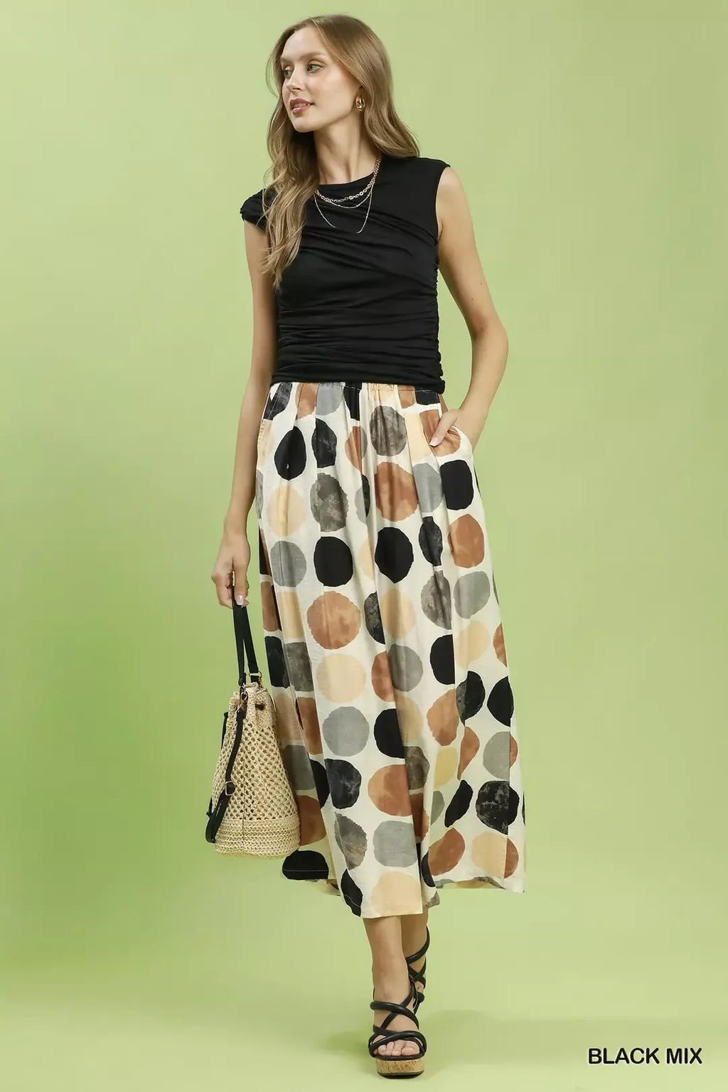 Dot print wide-leg pants, Black Mix, wide midi hem with drapey fabric