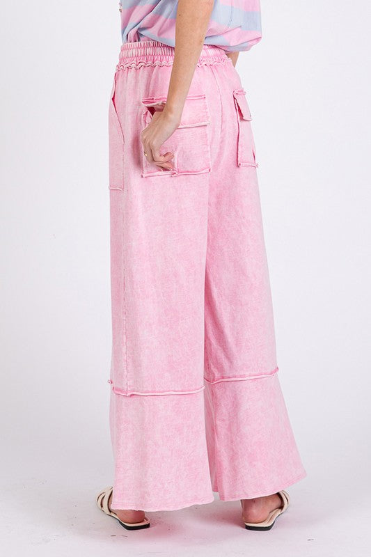 Pink Mineral Washed Terry Wide Leg Pants - Tigbul's Variety Fashion Shop