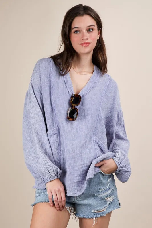 Blue Plus Size Washed Cotton Gauze Oversized Top - Tigbul's Variety Fashion Shop