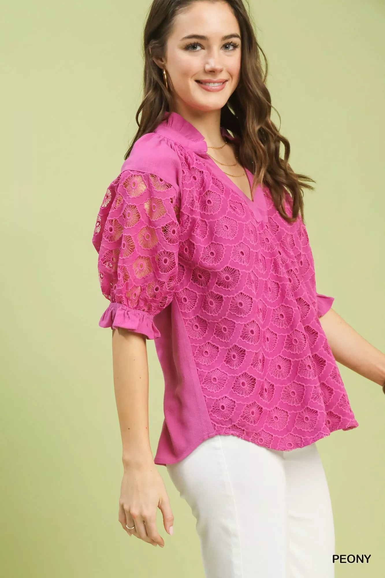 V-neck lace puff-sleeve linen top, PEONY pink, textured eyelet pattern