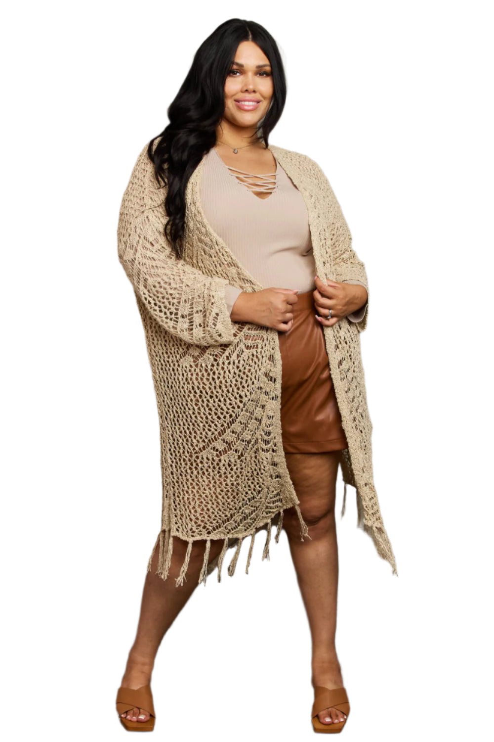 Tan Boho Plus Size 1XL Western Knit Fringe Cardigan | Tigbuls