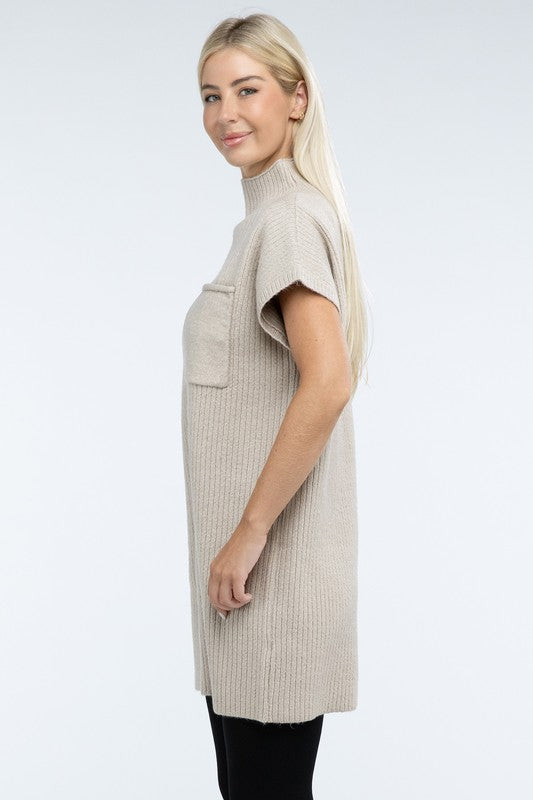 Mock Neck Short Sleeve Sweater Dress with Pocket - Tigbul's Variety Fashion Shop