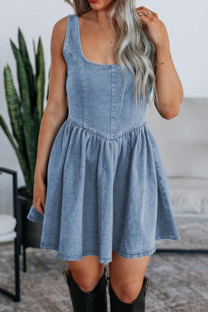 V-Back Bow Tie Denim Skater Dress - Tigbul's Variety Fashion Shop