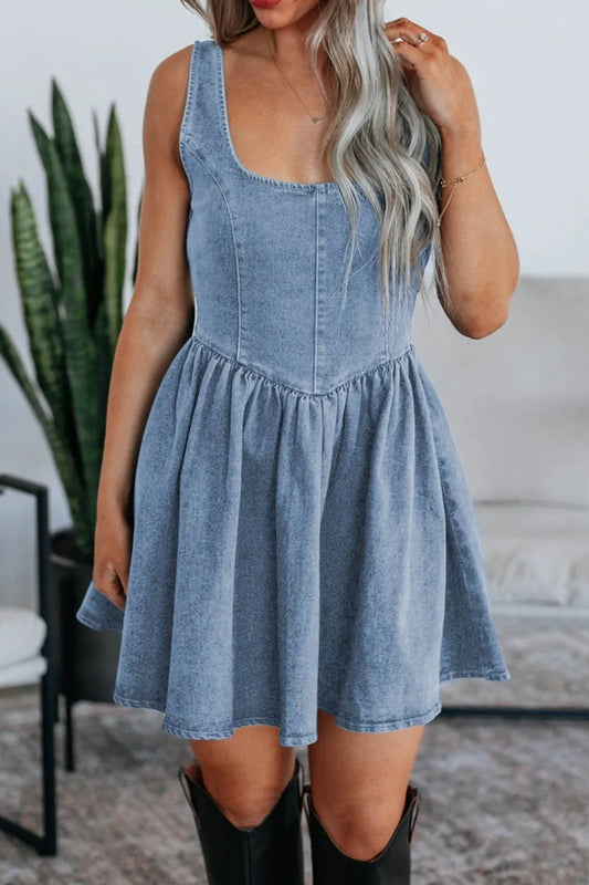 V-Back Bow Tie Denim Skater Dress - Tigbul's Variety Fashion Shop
