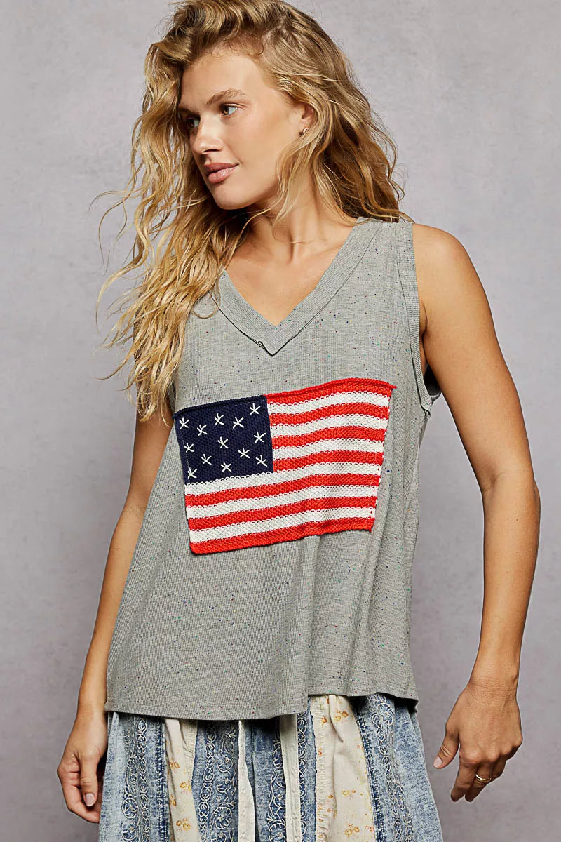 POL V-Neck Ribbed Tank with American Flag Patch and Star Back Patch - Tigbul's Variety Fashion Shop