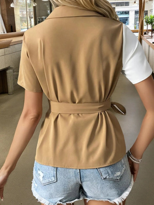 Two-Tone Short Sleeve Blouse with Tie Waist - Tigbul's Variety Fashion Shop