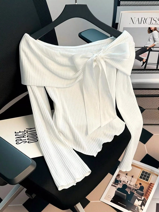 Off-Shoulder Bowknot Ribbed Knit T-Shirt - Tigbul's Variety Fashion Shop
