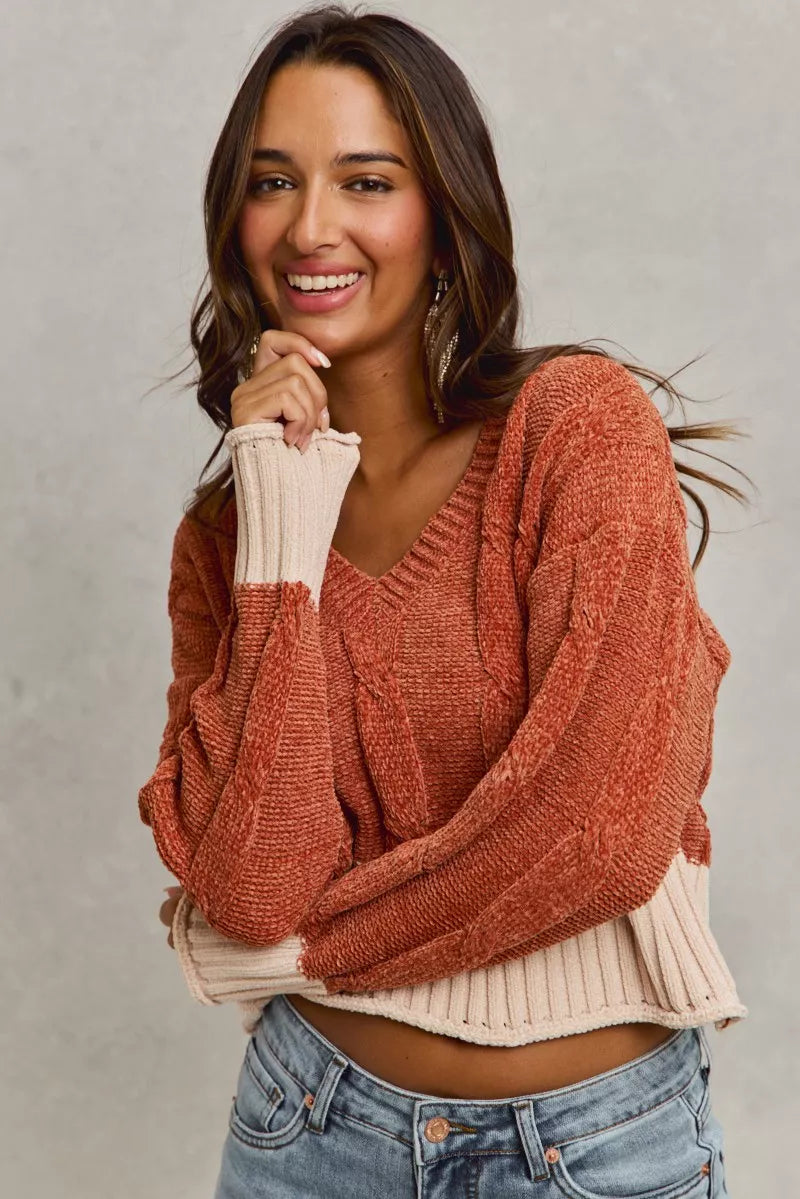 Rust chenille cable-knit cropped sweater, V-neck, contrast cuff and hem