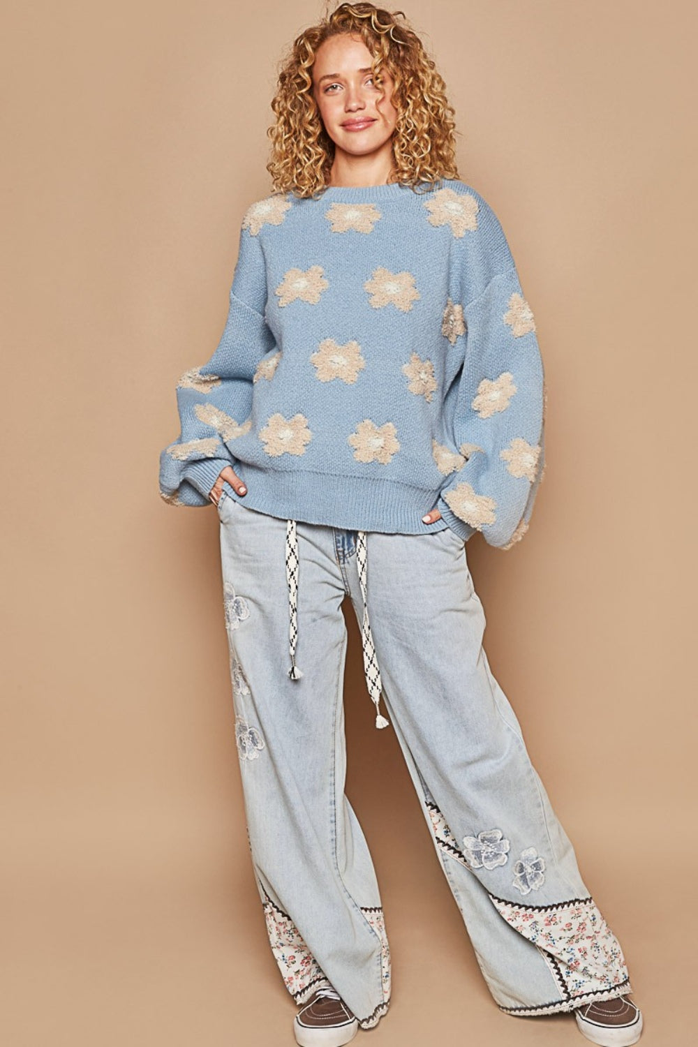 Blue Daisy Pattern Drop Shoulder Sweater - Tigbul's Variety Fashion Shop