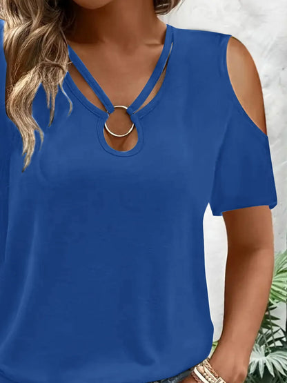 Cold Shoulder T-Shirt with Metal Ring Detail - Tigbul's Variety Fashion Shop