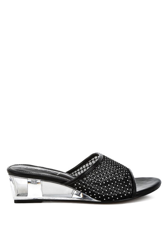Black rhinestone mesh wedge sandal with clear heel and wide open toe