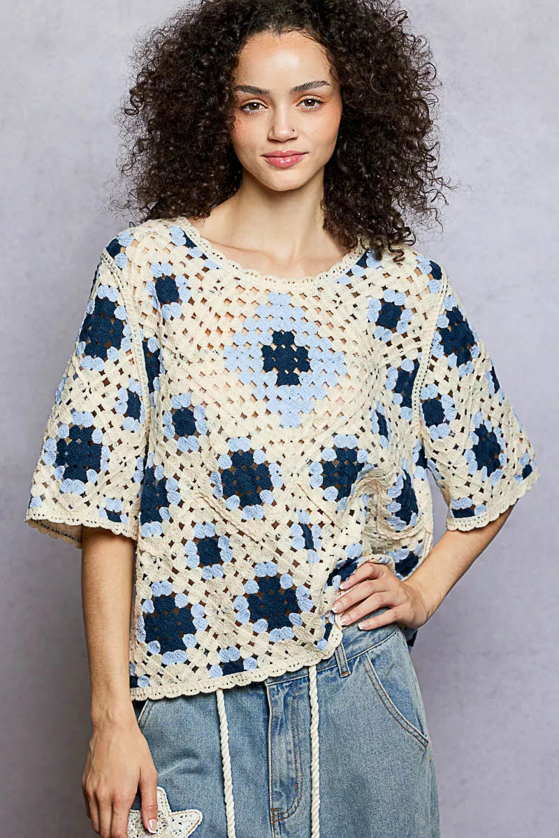 POL Round Neck Short Sleeve Color Pattern Crochet Top with Border Accents - Tigbul's Variety Fashion Shop