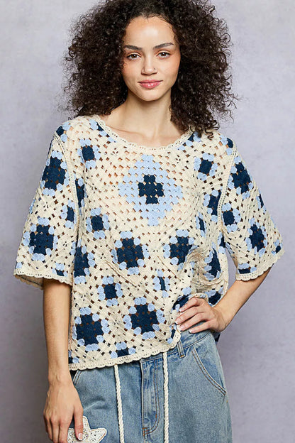 POL Round Neck Short Sleeve Color Pattern Crochet Top with Border Accents - Tigbul's Variety Fashion Shop