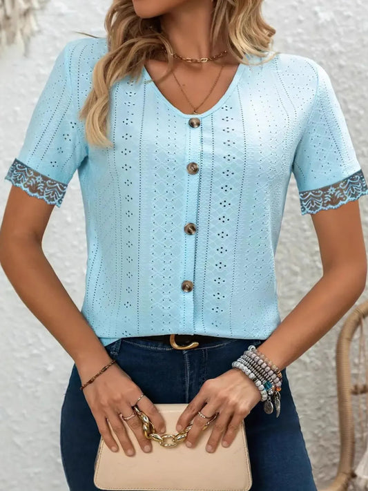 Eyelet Lace Trim Short Sleeve Blouse - Tigbul's Variety Fashion Shop