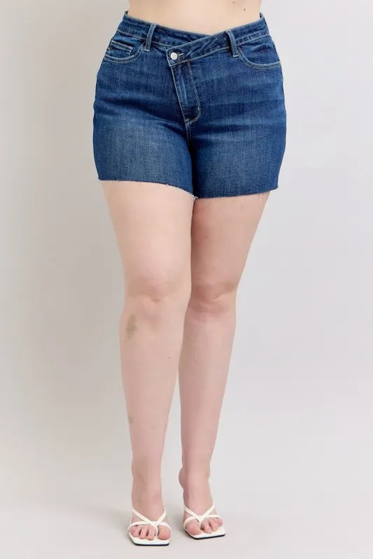 Judy Blue Plus Size High Waist Criss-Cross Waistband Denim Shorts - Tigbul's Variety Fashion Shop