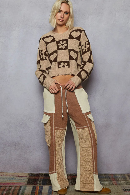 POL V-Neck Heart Pattern Checkered Sweater - Tigbul's Variety Fashion Shop