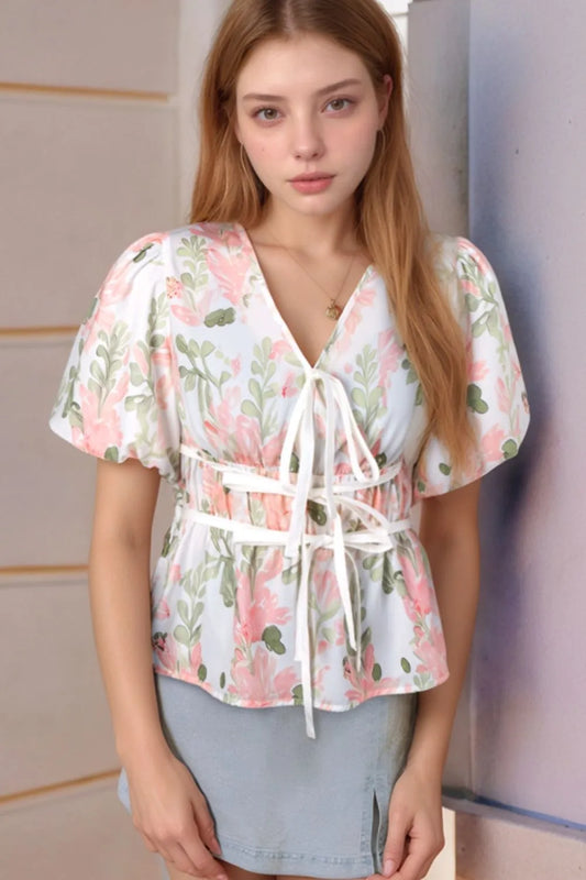 Tied Printed Short Sleeve Blouse - Tigbul's Variety Fashion Shop