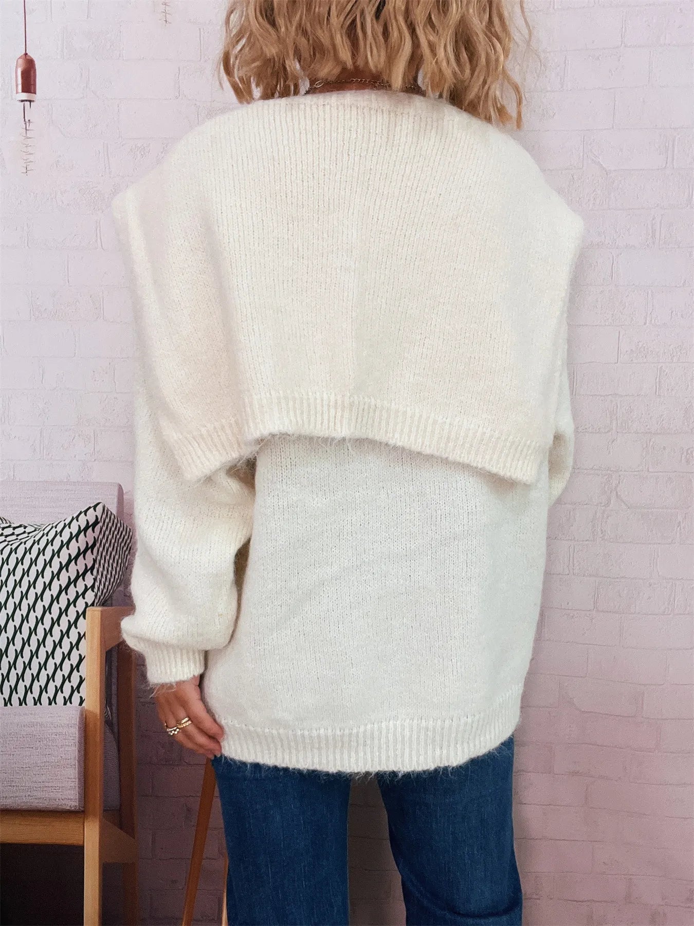 Ribbed Hem V-Neck Sweater with Shawl - Tigbul's Variety Fashion Shop
