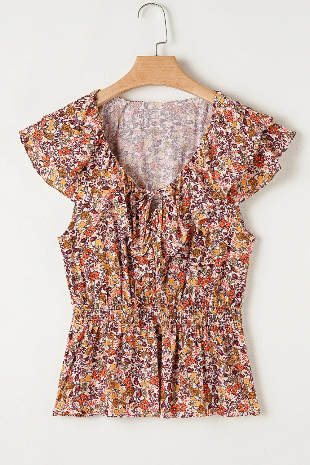 Floral Print Knot V Neck Ruffled Sleeve Blouse - Tigbul's Variety Fashion Shop
