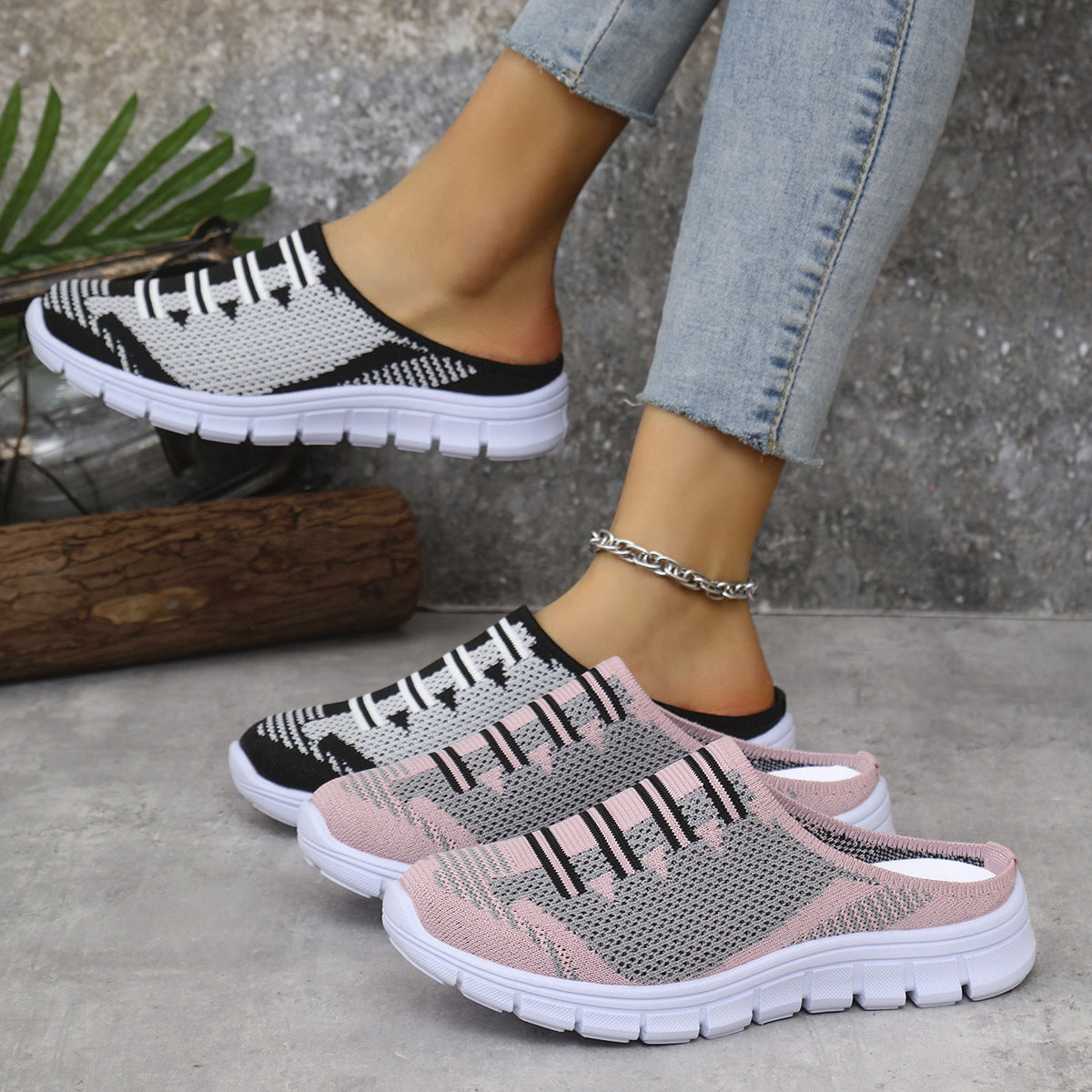Breathable knit slip-on sneakers, pink with black stripe pattern and white sole