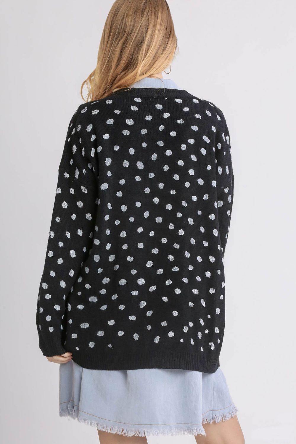 Polka Dot Open Front Drop Shoulder Cardigan - Tigbul's Variety Fashion Shop