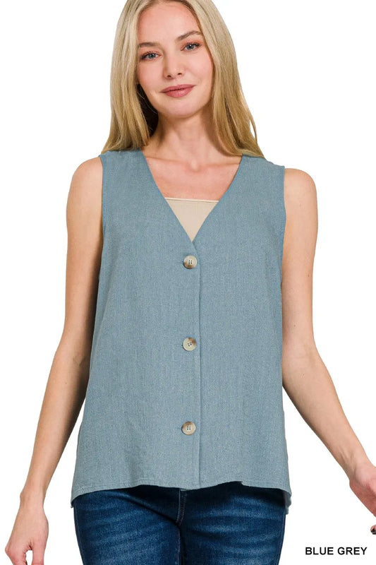 Zenana Side Slit Button-Front Vest - Tigbul's Variety Fashion Shop