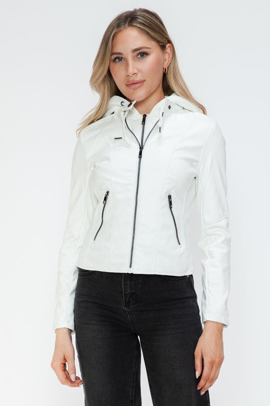 White Faux Leather Zip Up Drawstring Hooded Jacket