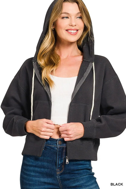 Zenana Fleece Cropped Zip-up Hoodie with Pockets - Tigbul's Variety Fashion Shop