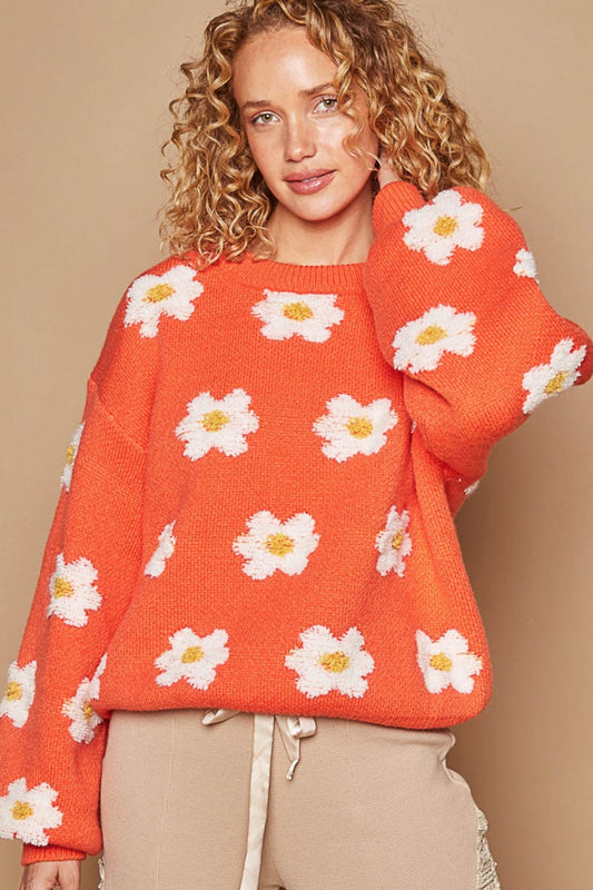 POL Daisy Pattern Drop Shoulder Sweater - Tigbul's Variety Fashion Shop