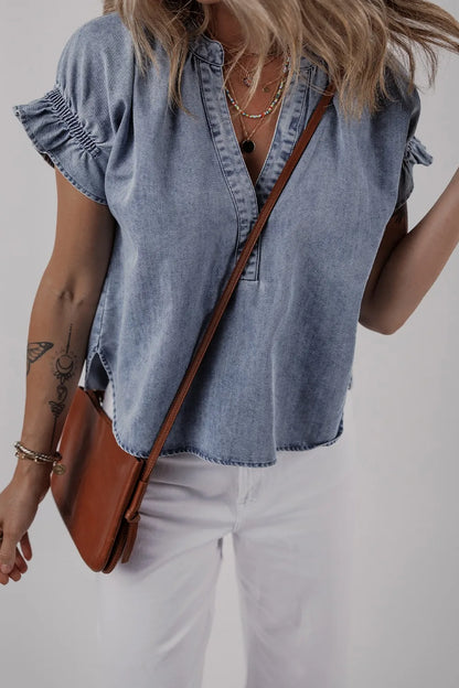 V Neck Ruffled Short Puff Sleeve Denim Top - Tigbul's Variety Fashion Shop