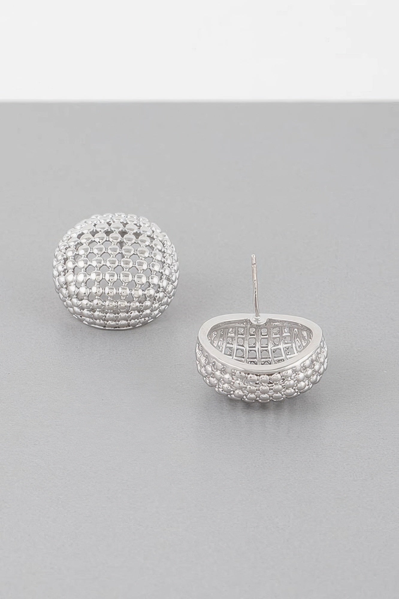 Silver tone beaded dome stud earrings, round fronts with bead grid texture