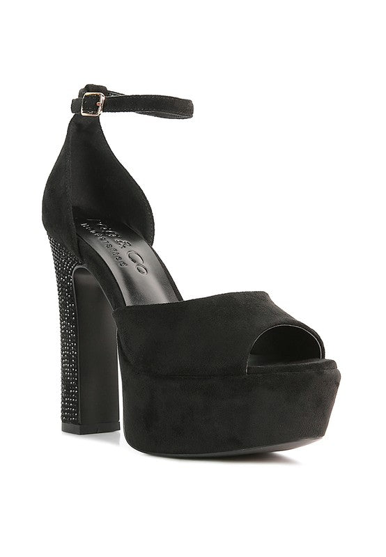 Black suede high block heeled platform sandals with ankle strap and buckle
