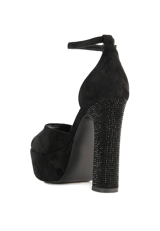Black suede platform sandals with studded high heel and ankle strap