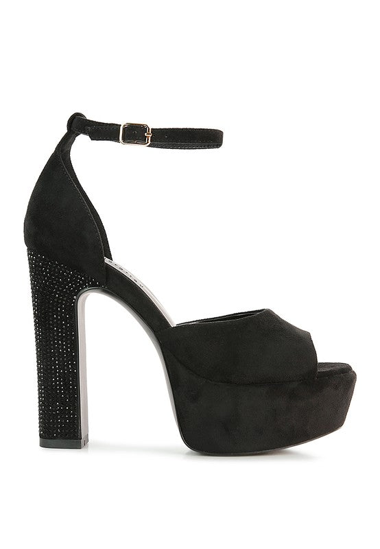 Black suede high block heeled platform sandals with ankle strap and studded heel