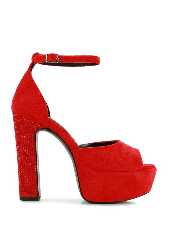 Red suede platform sandals with high block heel and ankle strap buckle