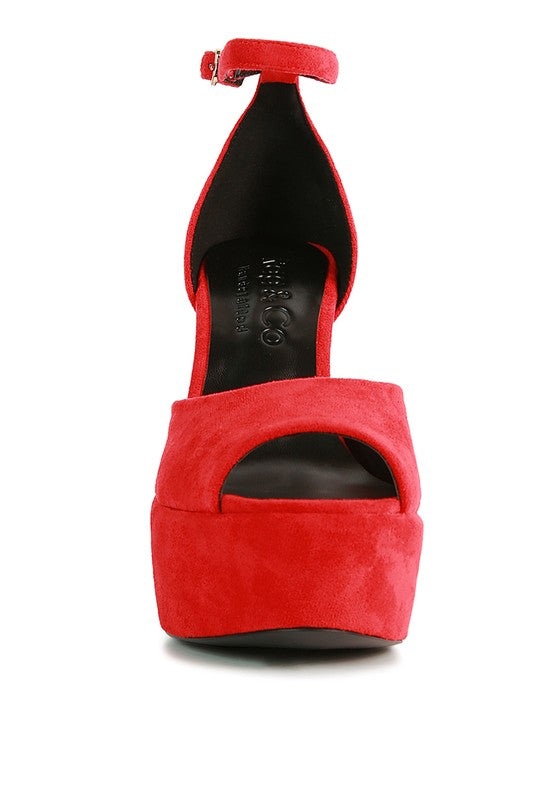 Red suede open-toe platform sandals with ankle strap and high block heel