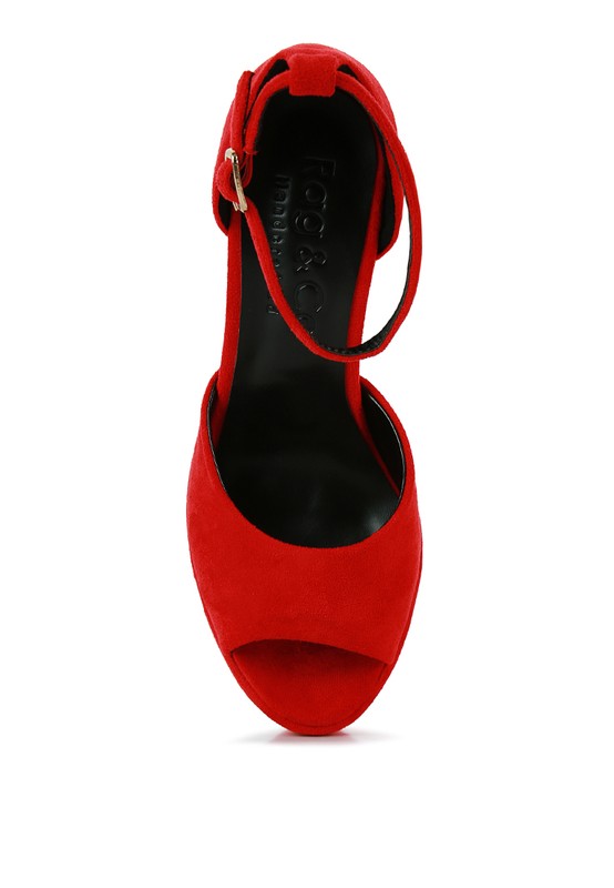 Red suede sandals with ankle strap and platform wedge high heel