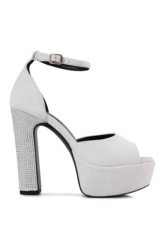 White suede high block heel sandal with ankle strap and peep toe