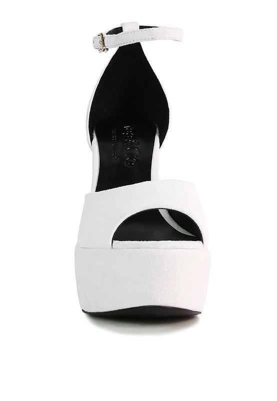 White platform high block heel sandal, rear view with ankle strap