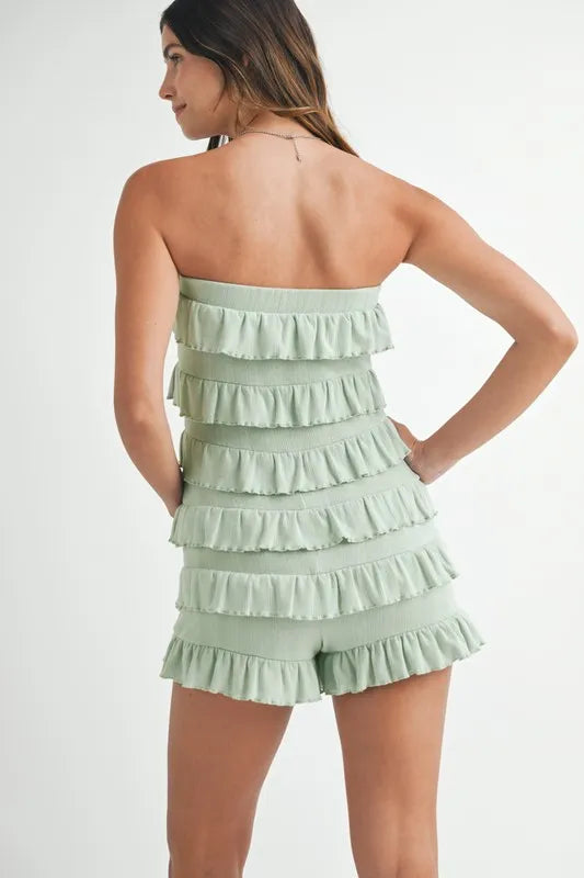 Pointelle Knit Fabric Ruffled Tube Sage Romper - Tigbul's Variety Fashion Shop