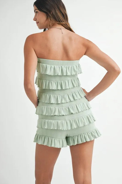 Pointelle Knit Fabric Ruffled Tube Sage Romper - Tigbul's Variety Fashion Shop