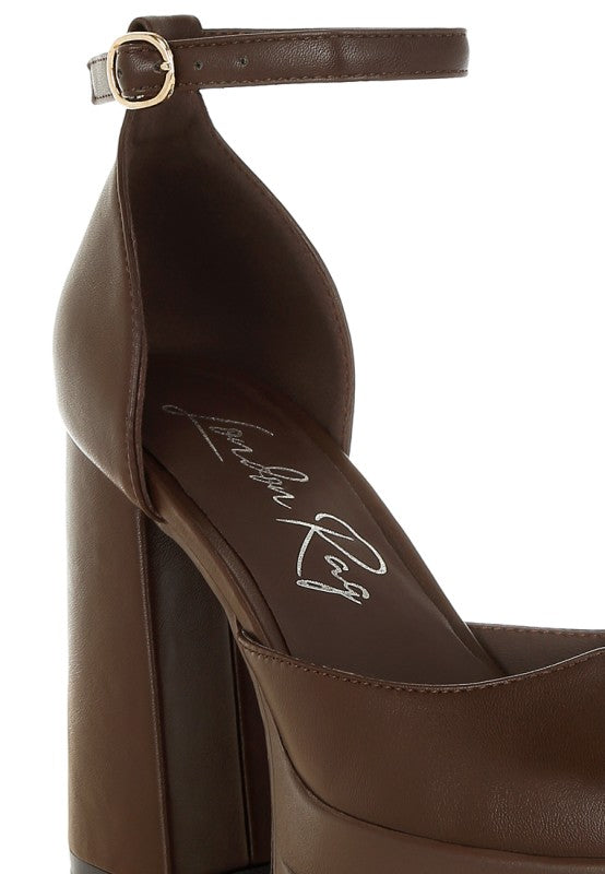 Brown ankle strap heels with buckled strap detail and chunky platform heel
