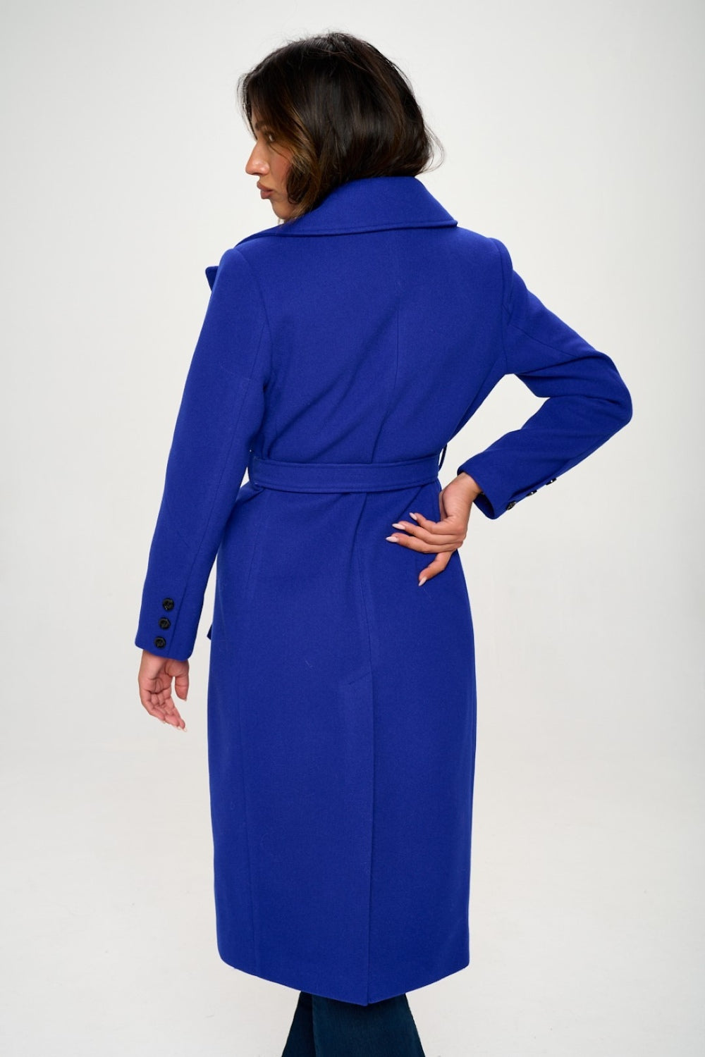 Royal Blue Double-Breasted Longline Coat with Belt - Tigbul's Variety Fashion Shop