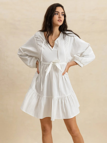 Tiered Tie Neck Long Sleeve White Mini Dress - Tigbul's Variety Fashion Shop