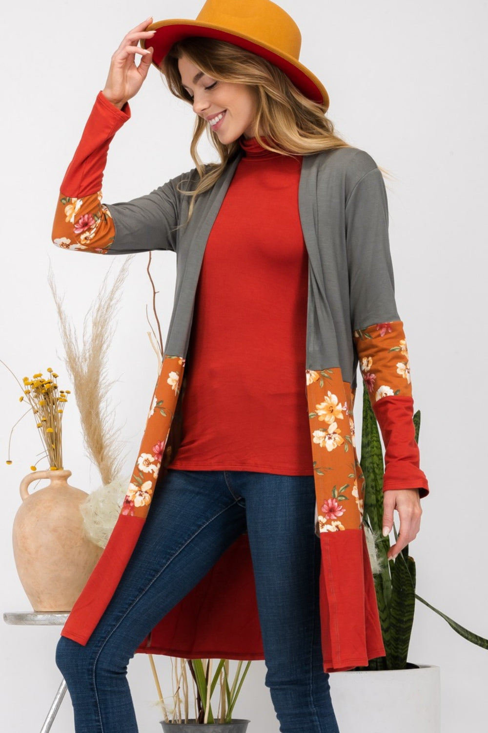 Celeste Full Size Floral Color Block Open Front Cardigan - Tigbul's Variety Fashion Shop