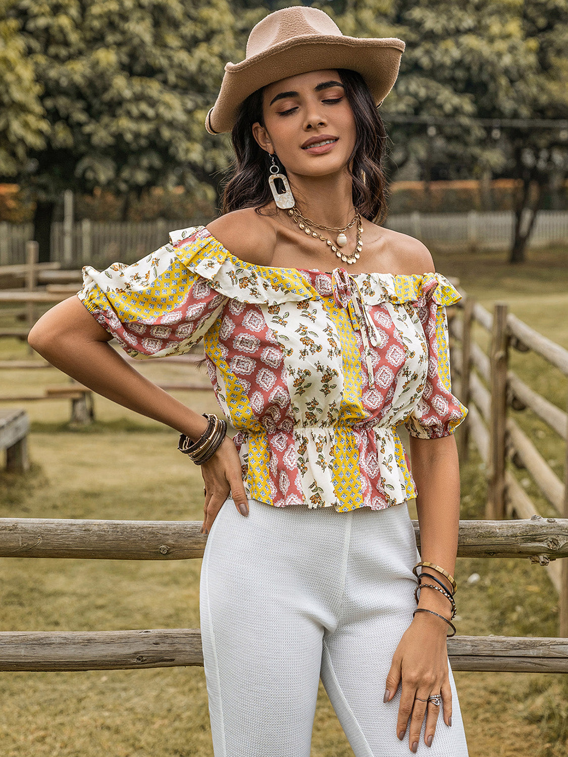 Ruffled Printed Off-Shoulder Short Sleeve Blouse - Tigbul's Variety Fashion Shop