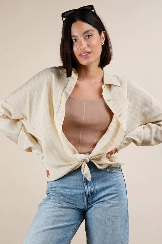 Beige Oversized Striped Button Down Shirt Top - Tigbul's Variety Fashion Shop