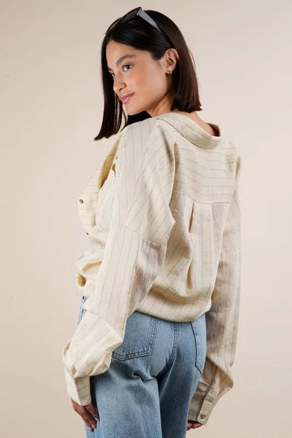 Beige Oversized Striped Button Down Shirt Top - Tigbul's Variety Fashion Shop